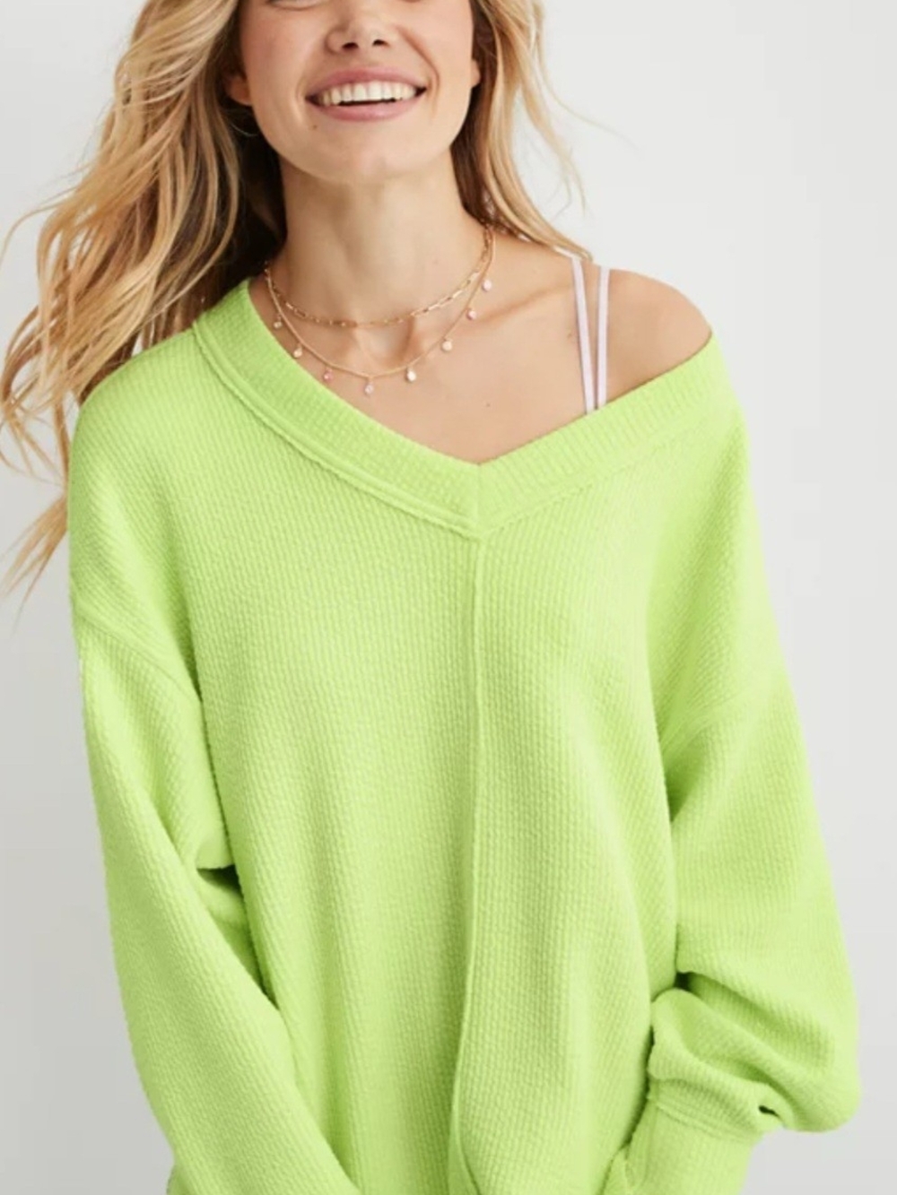 aerie Wonder Textured V-Neck Relaxed Sweater in Green Sizs XL